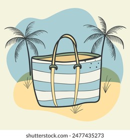 Handbag with a spotted pattern and a handle, sitting on a sandy beach with palm trees in the background.