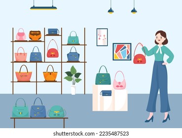 Almacén de bolsos de mano con colección de diferentes bolsas de calidad y diferentes tipos de estilo de vida en la ilustración de plantilla de caricatura dibujada a mano plana