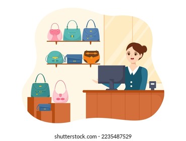 Handbag Store with Collection of Various Quality Bags and Different Types of Lifestyle in Flat Hand Drawn Cartoon Template Illustration