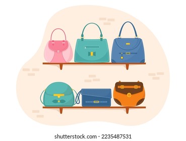 Handbag Store with Collection of Various Quality Bags and Different Types of Lifestyle in Flat Hand Drawn Cartoon Template Illustration