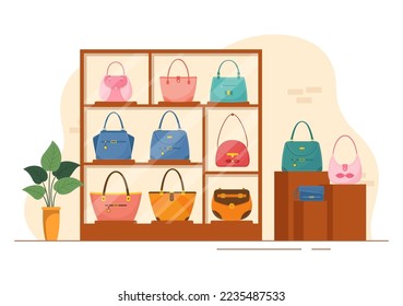 Handbag Store with Collection of Various Quality Bags and Different Types of Lifestyle in Flat Hand Drawn Cartoon Template Illustration