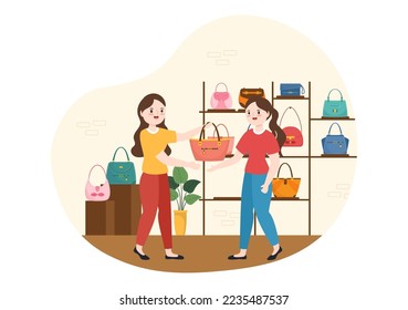 Handbag Store with Collection of Various Quality Bags and Different Types of Lifestyle in Flat Hand Drawn Cartoon Template Illustration