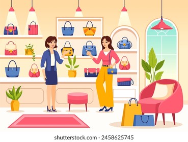 Handbag Store Vector Illustration with Collection of Various Quality Bags and Different Types of Lifestyle in Flat Cartoon Background Design