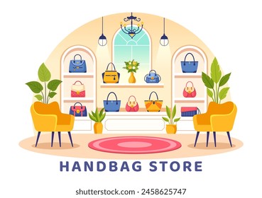 Ilustración vectorial de la tienda del bolso con la Colección de diversos bolsos de la calidad y diversos tipos de estilo de vida en diseño plano del fondo de la historieta