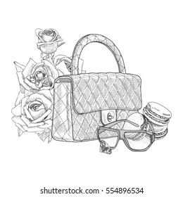 Handbag with sunglasses and with macaroon cakes. On the background of handbags are roses. Trendy composition in vintage style. Artistic vector sketch. Fashion illustration for a card or poster.