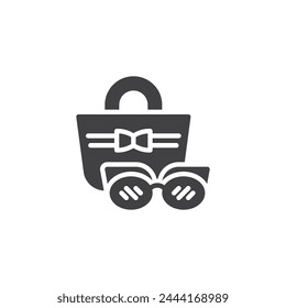 Handtasche und Sonnenbrille Vektorgrafik-Ikone. Gefülltes flaches Schild für mobiles Konzept und Webdesign. Mode-Accessoires-Symbol. Symbol, Logo-Darstellung. Vektorgrafik-Grafiken