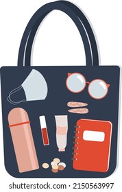 Handtasche, Dinge in der Tasche, Frauenbeutel, Was ist in meiner Tasche, Frauenbörse, Kosmetik, Brillen-Thermoskannen, Notebook, Münzen, Haarausschnitte, Maske in der Tasche, große blaue Handtasche, Vektorgrafik, 