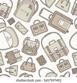 Handbag - Vector color background (seamless pattern) of bag, backpack, purse, clutch, luggage, suitcase for graphic design