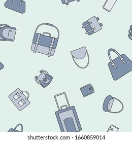 Handbag - Vector color background (seamless pattern) of bag, backpack, purse, clutch, luggage, suitcase for graphic design
