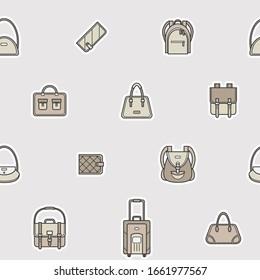Handbag - Vector color background (seamless pattern) of bag, backpack, purse, clutch, luggage, suitcase for graphic design