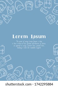 Handbag - vertical card with text and vector outline illustrations of bag, backpack, purse, clutch, luggage, suitcase for graphic design
