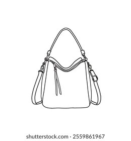 Handbag for women, hobo bag bucket purse with top zipper line art. Outline vector doodle illustration front view, isolated on a white background