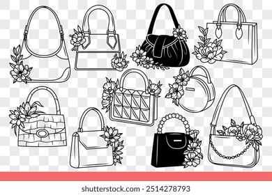 Bolsos decorados con flores frescas para decorar tu look e ir de compras. Bolsos hechos de diferentes materiales para las niñas que quieren estar de moda y hermoso. Dibujado a mano.