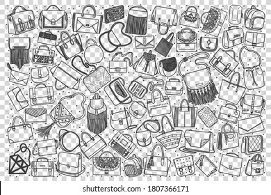 Handbags doodle set. Collection of hand drawn sketches templates of backpacks suitcase and luggage for travelling and tourism on transparent background. Equipment for hiking of shopping illustration.