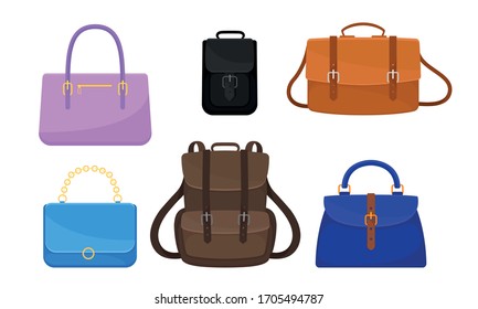 Handbags and Rucksacks Isolated on White Background Vector Set