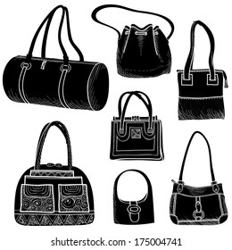 Handbags set. Female purse collection. Fashion bags silhouette.
