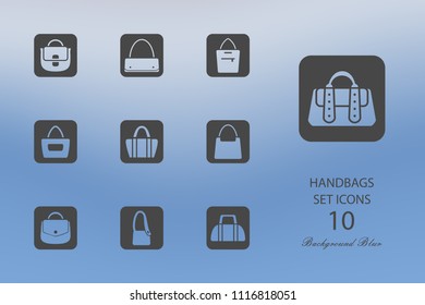 Handbags. Set of flat icons on blurred background. Vector illustration