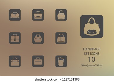 Handbags. Set of flat icons on blurred background. Vector illustration