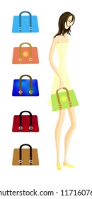 Handbags set. Six fashionable bags and a model girl. Eps 10 vector illustration, contains Clipping Mask