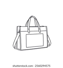 Handbags for women, tote bags, laptop bags, and shoulder bags for travel line art. Flat sketch fashion illustration drawing template mock-up, front, and side view, isolated on a white background