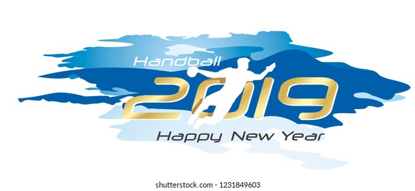 Handball 2019 Happy New Year gold logo icon watercolor blue white background