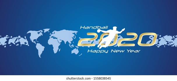 Handball 2020 Happy New Year gold white silhouette logo icon abstract world map blue background