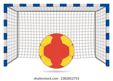 handball ball in front of goal posts with net isolated on a white background