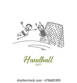 Handball concept. Hand drawn handball match scene with goalpost and players. Game with ball isolated vector illustration.