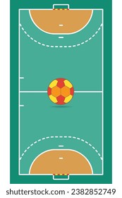 cancha de balonmano en vista aérea con bola centrada en campo