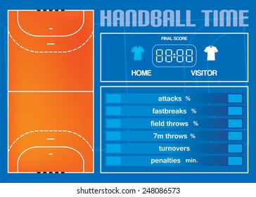 Handball court and game statistics chart vector illustration