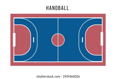 Handball court top view. Blue red court for playing sport games with ball. Flat vector illustration.