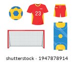 Handball elements set. Equipment and accessories for sport match. Ball, gate, clothing and court for playing handball. Flat vector icons isolated on white background.
