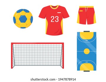 Handball elements set. Equipment and accessories for sport match. Ball, gate, clothing and court for playing handball. Flat vector icons isolated on white background.