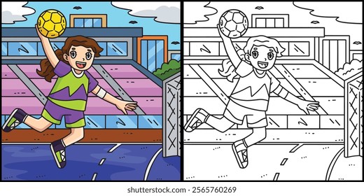 Handball Female Player with Jump Shot Illustration