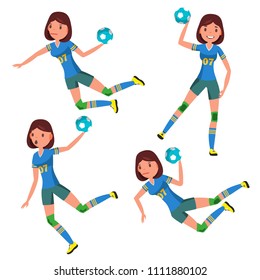 Handball Female Player Vector. In Action. Sport Event. Energy, Aggression. Cartoon Character Illustration