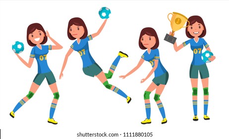 Handball Female Player Vector. Playing In Different Poses. Woman. Attack Jump. Shooting Player. Athlete Isolated On White Cartoon Character Illustration