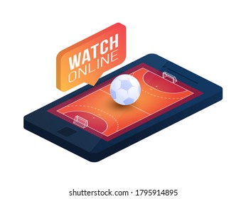 Handball field on phone screen online concept vector flat isometric illustration. Online handball flat isometric vector concept.