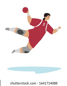 Handball flat vector illustration. Girl, woman in sports uniform with a ball at the competition, training, game. Championship, Sports types concept. Ball game in hand.