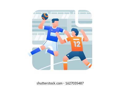 Handball games vector illustration. A handball athlete is jumping and a throwing a ball to his opponent