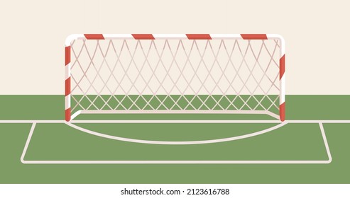 Handball goal net. Football and soccer ball post on grass field with lines. Gates front view for sports game. Goalnet on lawn. Goalpost in gym. Colored flat vector illustration