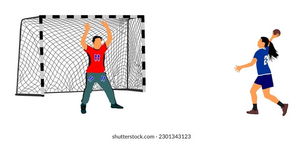 Handball goalkeeper against handball woman player save penalty vector illustration isolated. Attack shut penalty. Elegant body sport lady figure. Athlete girl pass and shot handball player action.