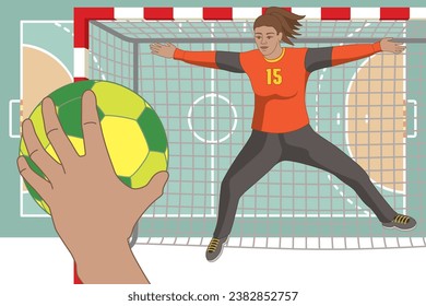 handball goalkeeper, female, in front of goal posts jumping up to stop ball with court in background