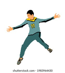 Handball goalkeeper vector illustration isolated on white background. Soccer goalkeeper. Defender sportsman position. Save penalty. Man on goal, sport boy.