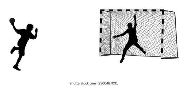 Handball Torhüter, Vektorsilhouettengrafik einzeln. Handballspieler sparen Strafe. Schließen Sie die Form der Strafe an. Eleganter Körper Sport Junge Schatten. Dynamische Sportler Handball Spieler Action.