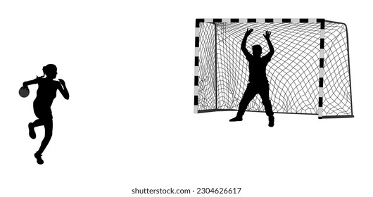 Handball Torhüter, Vektorsilhouettengrafik einzeln. Handballfrau Spieler sparen Strafe. Schließen Sie die Form der Strafe an. Eleganter Körper Sport Lady Figur Schatten. Handballspiel für Athlete.