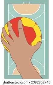 balonmano, bola de mano colocada para lanzar con la cancha al fondo