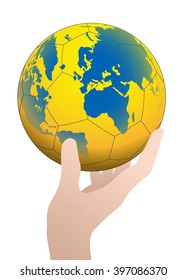 handball held by hand, with world map texture, vector illustration