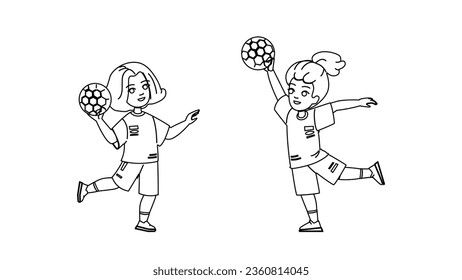 Handball-Kindervektor. Sportkind, Fußballjunge, Volleyball-Aktivität, Mannschaftsspiel, Kinderhandballfigur. Leuten-Schwarzzeilengrafik