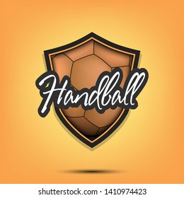 Handball logo design template. Handball emblem pattern. Handball ball and shield with vintage lettering on an isolated background. Print on t-shirt graphics. Vector illustration