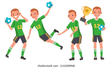 Handball Male Player Vector. Attack Jump. Shooting Player. Playing In Different Poses. Man Athlete. Isolated On White Cartoon Character Illustration